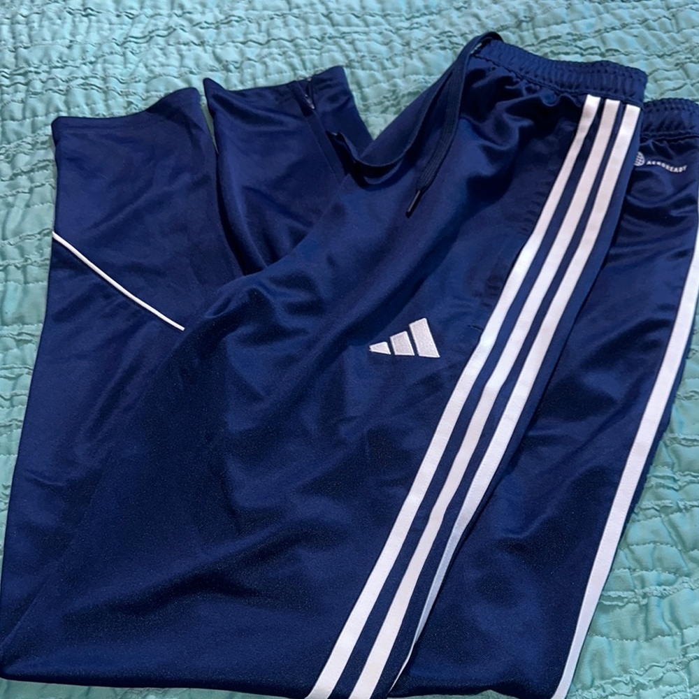 Adidas Blue and White Joggers with Iconic Stripes
 sz Med Tall NWOT soccer track